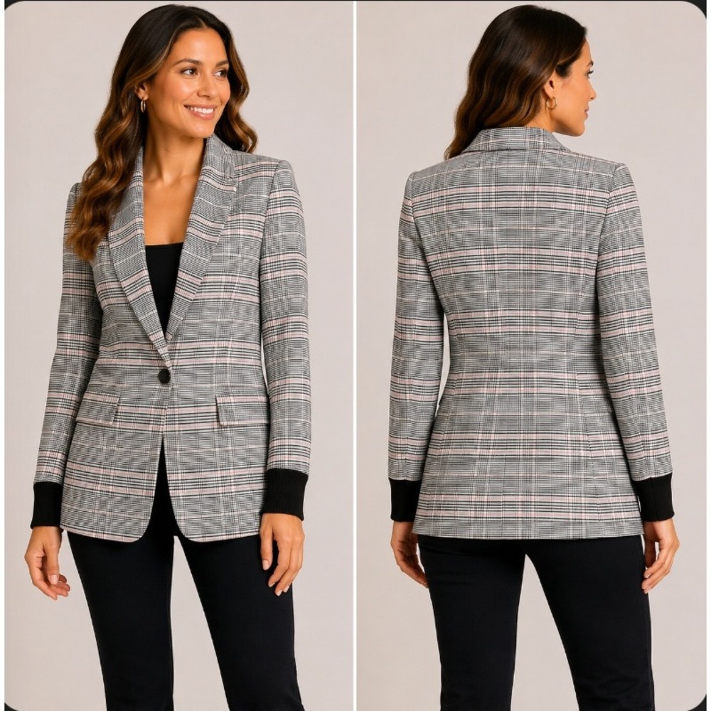 Ted Baker Plaid Blazer Womens 1 Multicolor Glen Check One Button‎ Ribbed Cuff